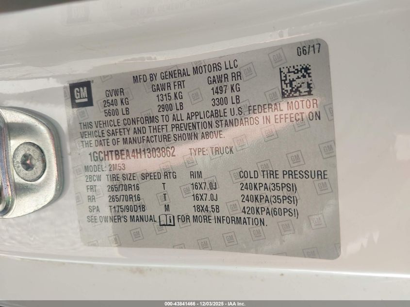 2017 Chevrolet Colorado Wt VIN: 1GCHTBEA4H1303862 Lot: 43841466