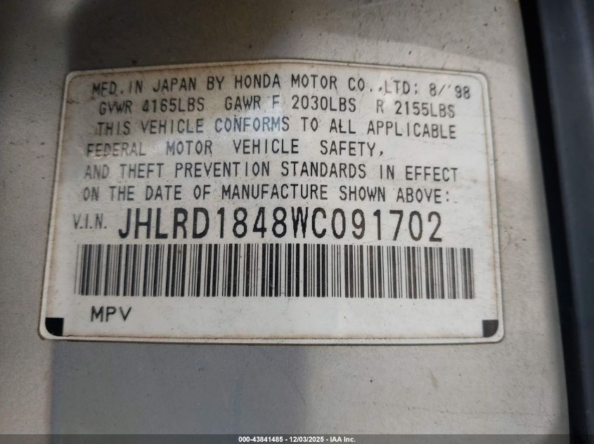 1998 Honda Cr-V Lx VIN: JHLRD1848WC091702 Lot: 43841485