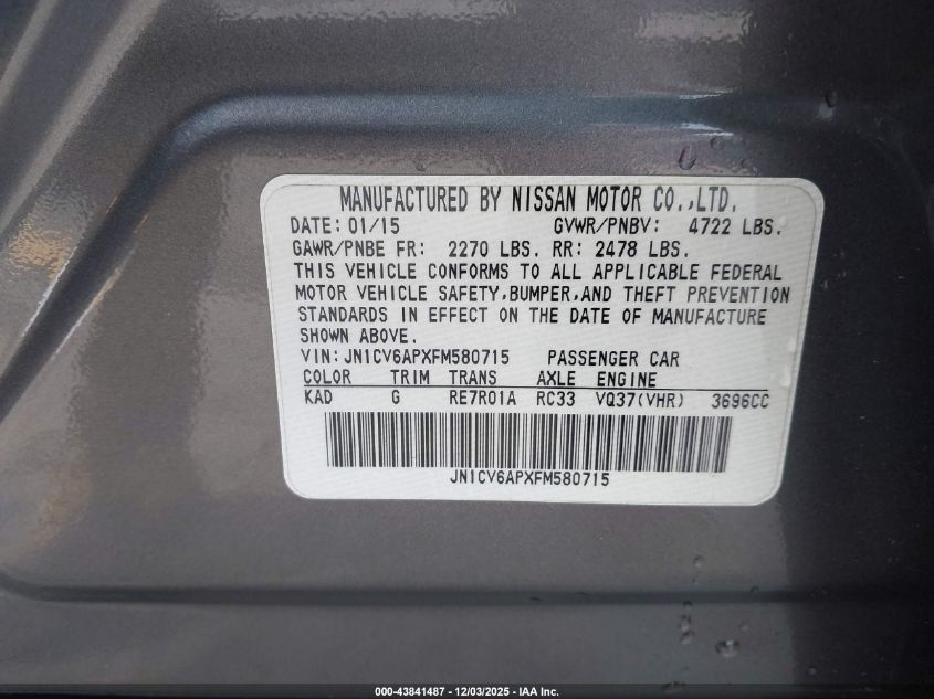 2015 Infiniti Q40 VIN: JN1CV6APXFM580715 Lot: 43841487