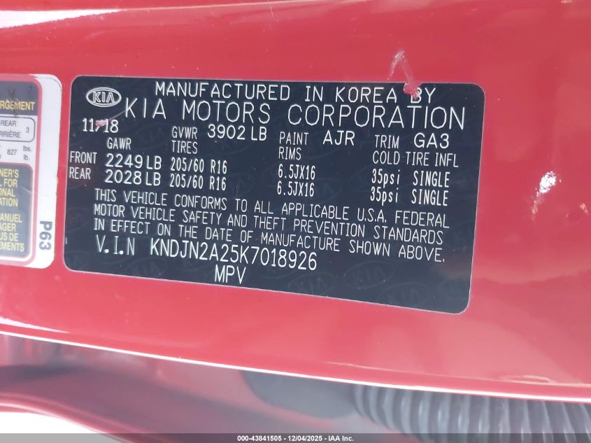 2019 Kia Soul VIN: KNDJN2A25K7018926 Lot: 43841505