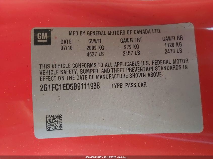 2011 Chevrolet Camaro 2Lt VIN: 2G1FC1ED5B9111938 Lot: 43841517