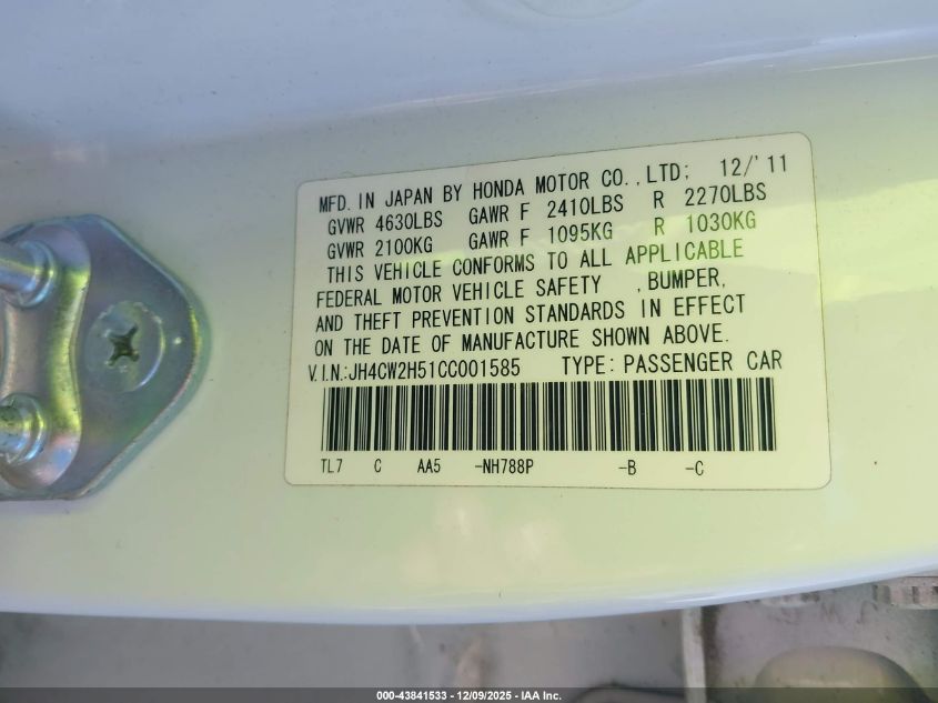 2012 Acura Tsx 2.4 VIN: JH4CW2H51CC001585 Lot: 43841533