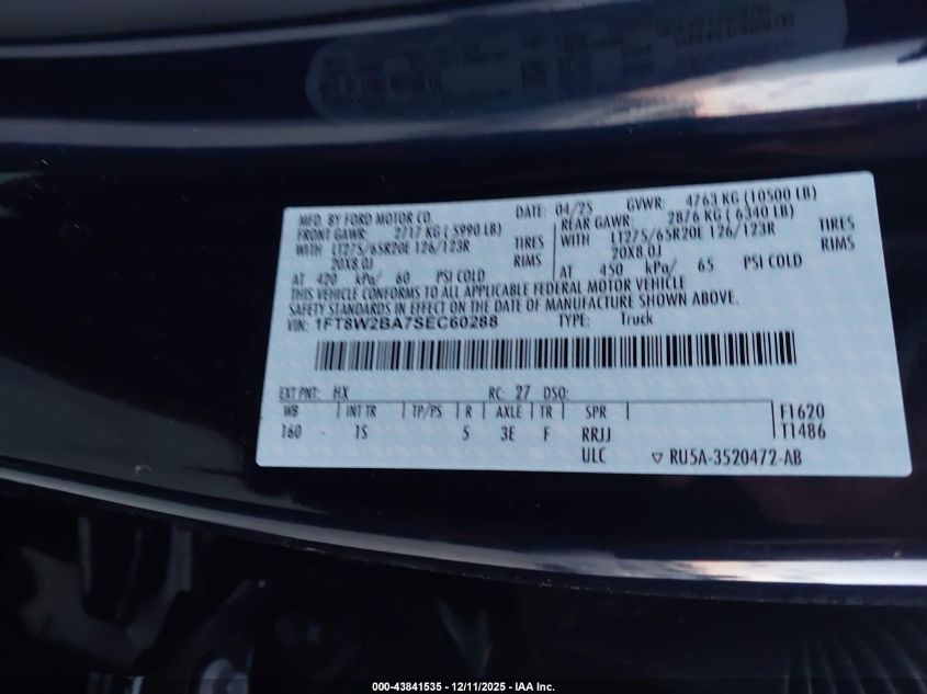 2025 Ford F-250 Xl VIN: 1FT8W2BA7SEC60288 Lot: 43841535