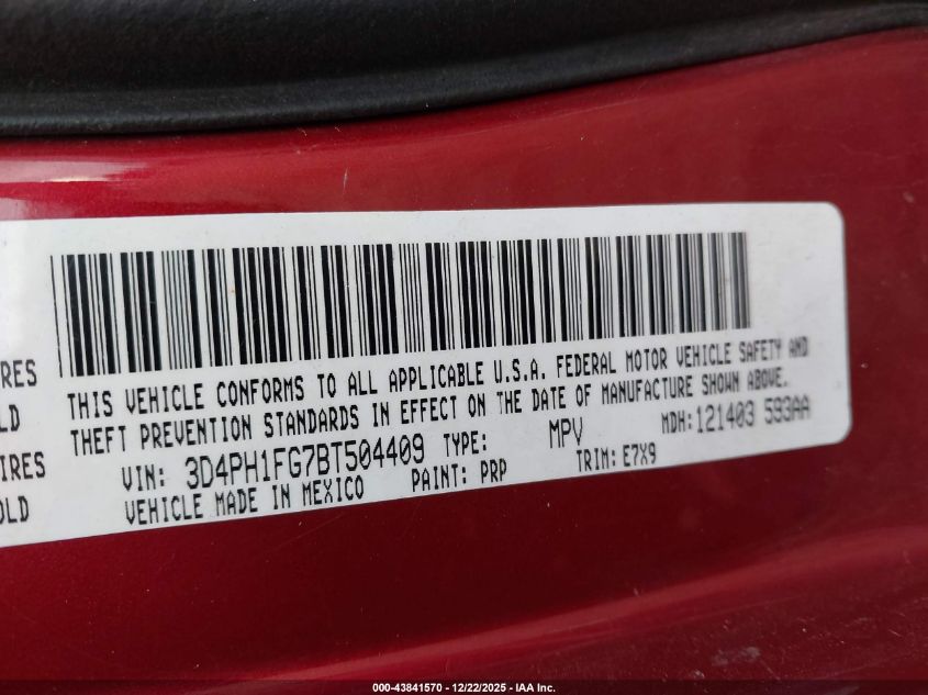 2011 Dodge Journey Mainstreet VIN: 3D4PH1FG7BT504409 Lot: 43841570