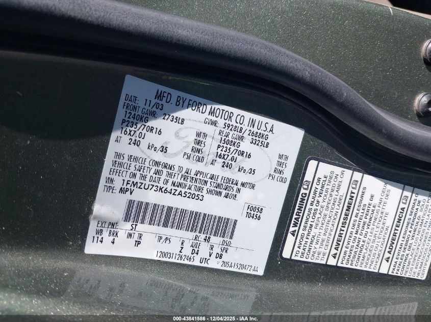 2004 Ford Explorer Nbx/Xlt VIN: 1FMZU73K64ZA52053 Lot: 43841586