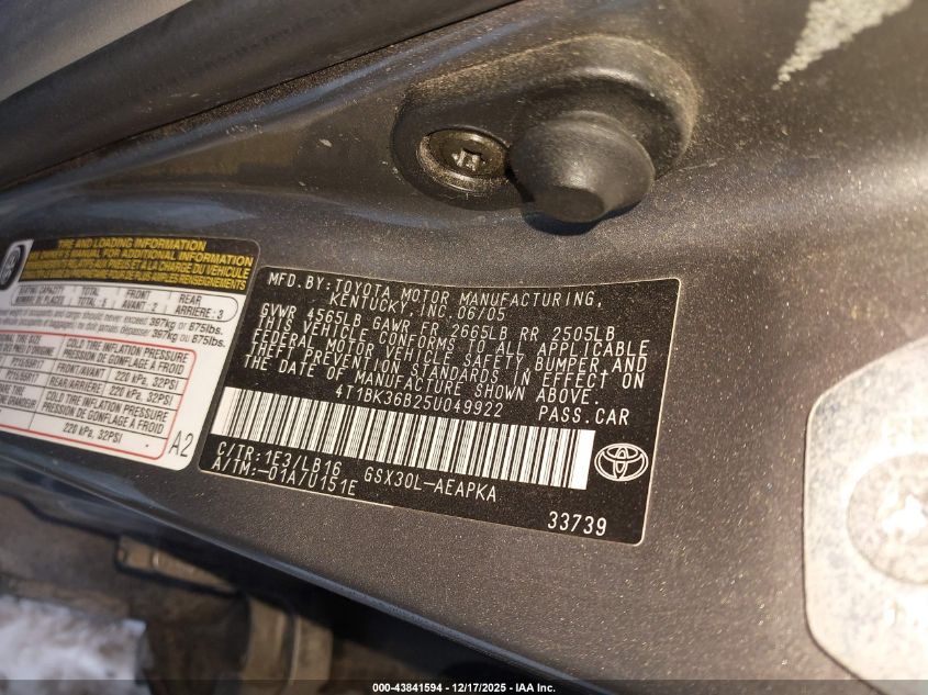 2005 Toyota Avalon Limited VIN: 4T1BK36B25U049922 Lot: 43841594