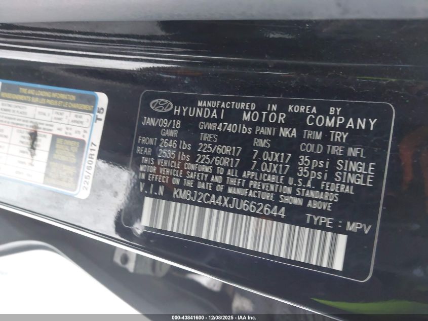 2018 Hyundai Tucson Se VIN: KM8J2CA4XJU662644 Lot: 43841600