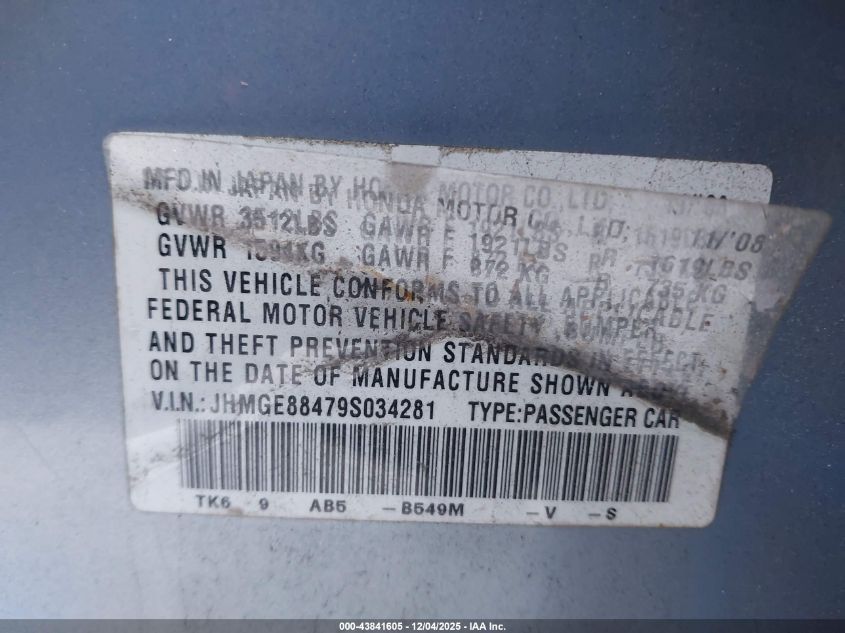 2009 Honda Fit Sport VIN: JHMGE88479S034281 Lot: 43841605