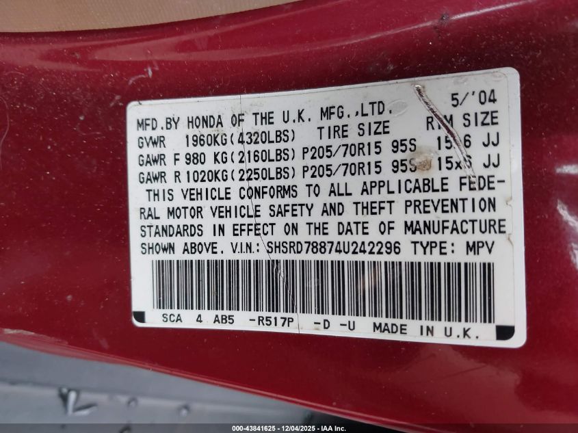 2004 Honda Cr-V Ex VIN: SHSRD78874U242296 Lot: 43841625
