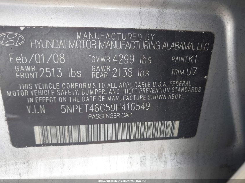 2009 Hyundai Sonata Gls VIN: 5NPET46C59H416549 Lot: 43841626