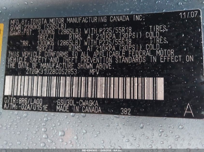 2008 Lexus Rx 350 VIN: 2T2GK31U28C052853 Lot: 43841633