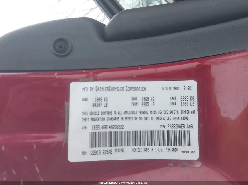 2004 Dodge Stratus Sxt VIN: 1B3EL46R14N290222 Lot: 43841658