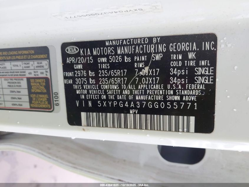 2016 Kia Sorento 2.4L Lx VIN: 5XYPG4A37GG055771 Lot: 43841685