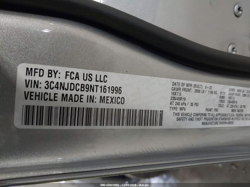 2022 Jeep Compass Limited 4X4 VIN: 3C4NJDCB9NT161996 Lot: 43841692