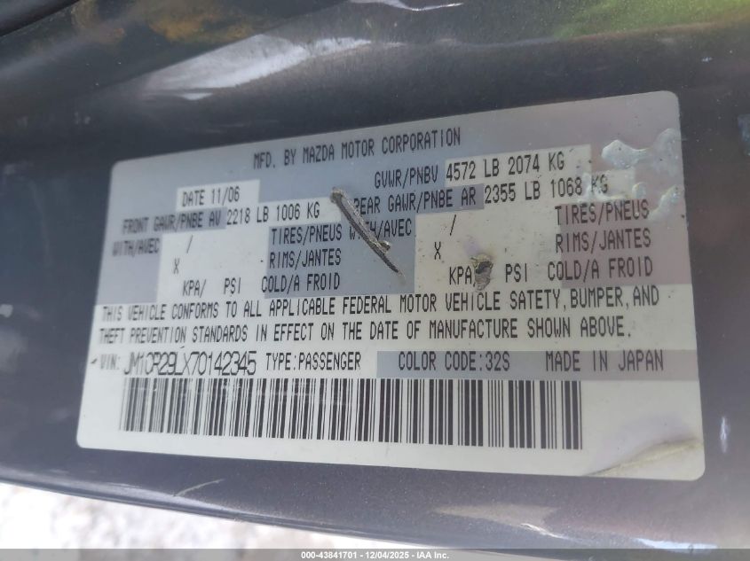 2007 Mazda Mazda5 Touring VIN: JM1CR29LX70142345 Lot: 43841701