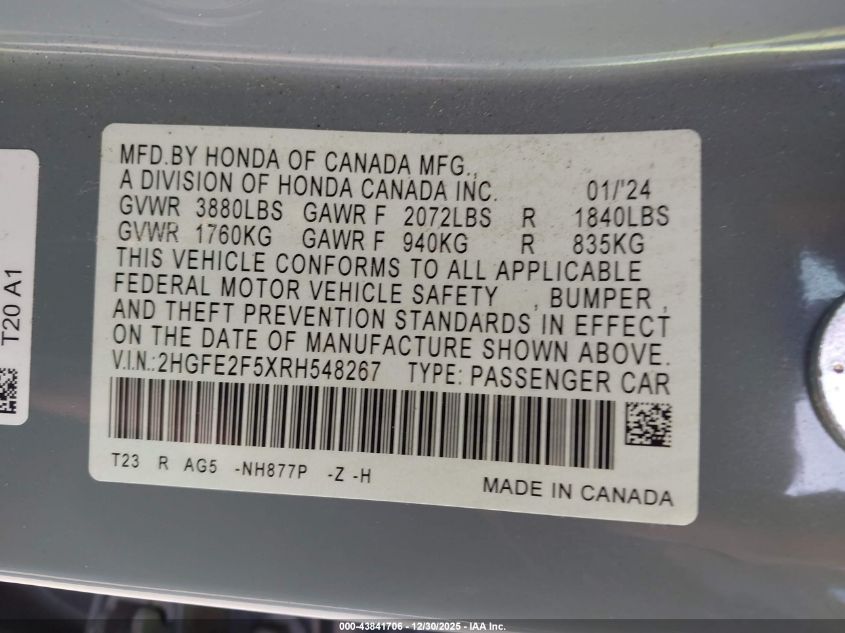 2024 Honda Civic Sport VIN: 2HGFE2F5XRH548267 Lot: 43841706