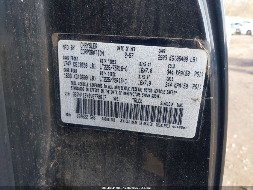 1997 Dodge Ram 1500 St VIN: 3B7HF13Y8VG778817 Lot: 43841708