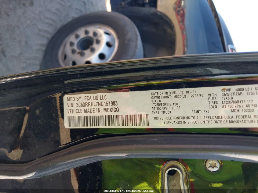 2022 Ram 3500 Big Horn 4X4 8' Box VIN: 3C63RRHL7NG151983 Lot: 43841717