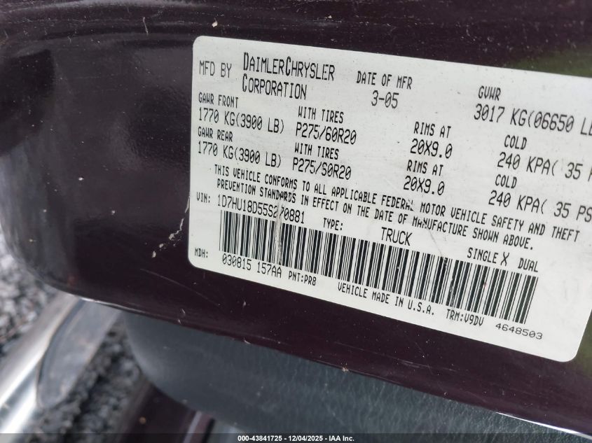 2005 Dodge Ram 1500 Slt/Laramie VIN: 1D7HU18D55S270881 Lot: 43841725