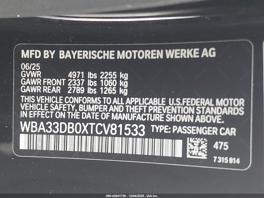2026 BMW 430I VIN: WBA33DB0XTCV81533 Lot: 43841729