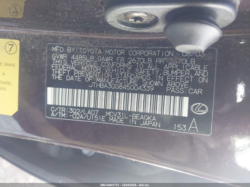 2004 Lexus Es 330 VIN: JTHBA30G845004339 Lot: 43841731