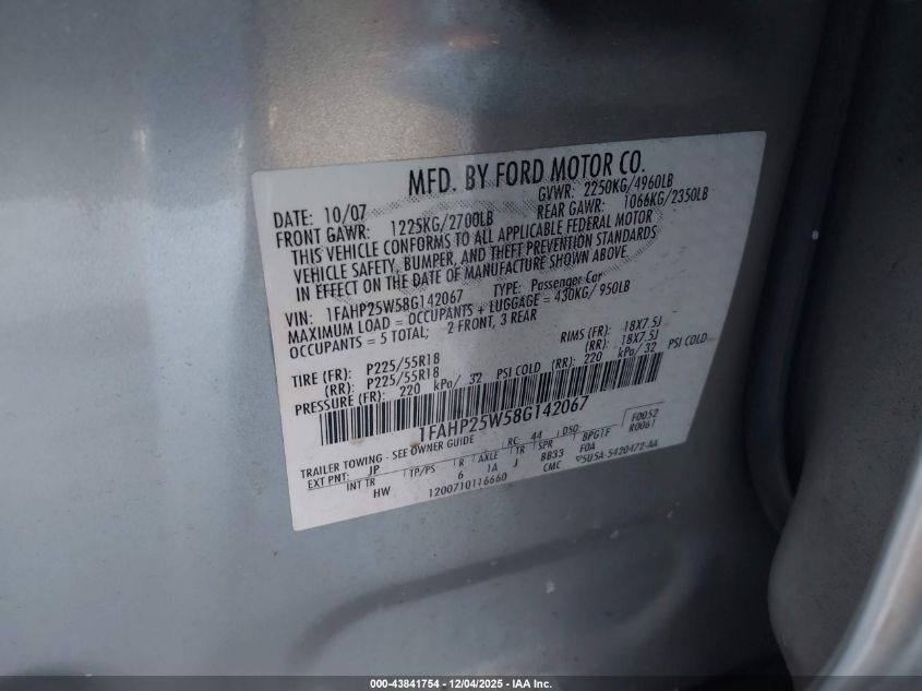 2008 Ford Taurus Limited VIN: 1FAHP25W58G142067 Lot: 43841754