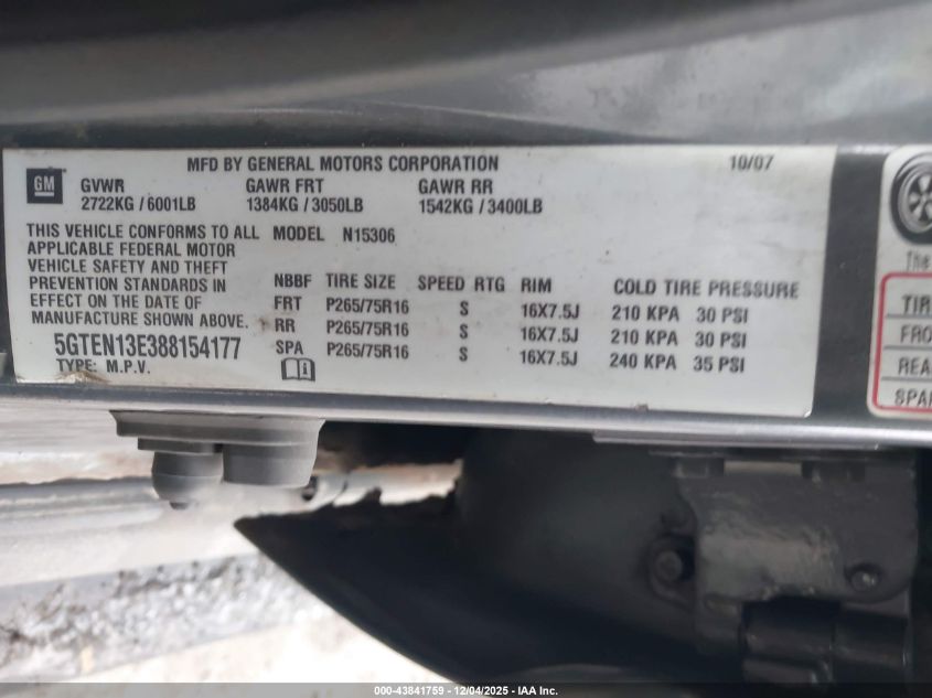 2008 Hummer H3 Suv VIN: 5GTEN13E388154177 Lot: 43841759