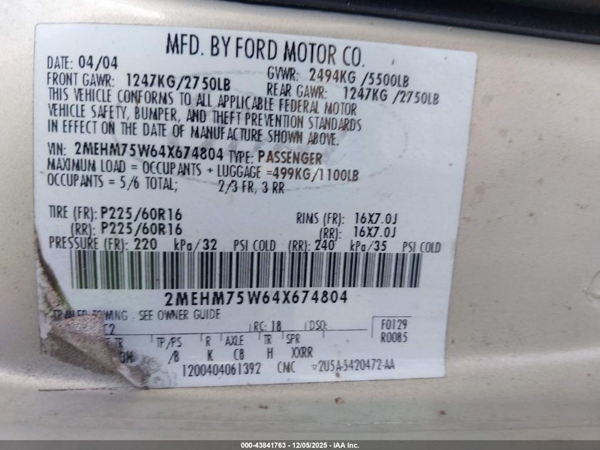 2004 Mercury Grand Marquis Ls VIN: 2MEHM75W64X674804 Lot: 43841763