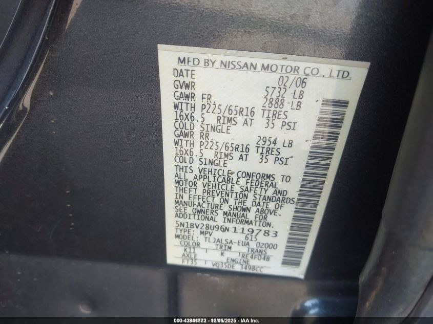 2006 Nissan Quest 3.5 VIN: 5N1BV28U96N119783 Lot: 43841772