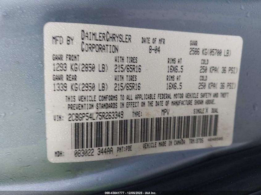 2005 Chrysler Town & Country Touring VIN: 2C8GP54L75R263349 Lot: 43841777