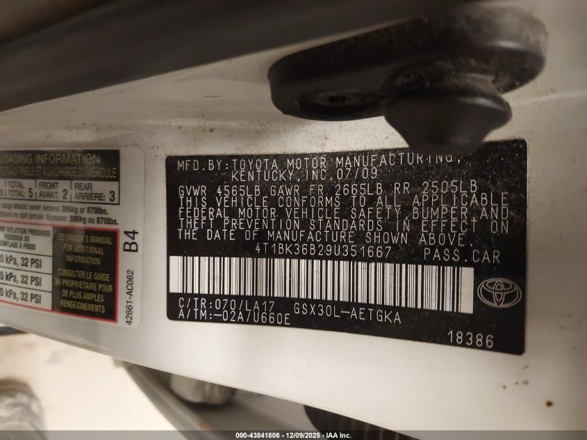 2009 Toyota Avalon Xls VIN: 4T1BK36B29U351667 Lot: 43841806