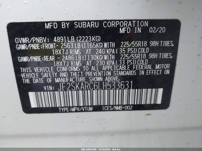 2020 Subaru Forester Sport VIN: JF2SKARC6LH533631 Lot: 43841809