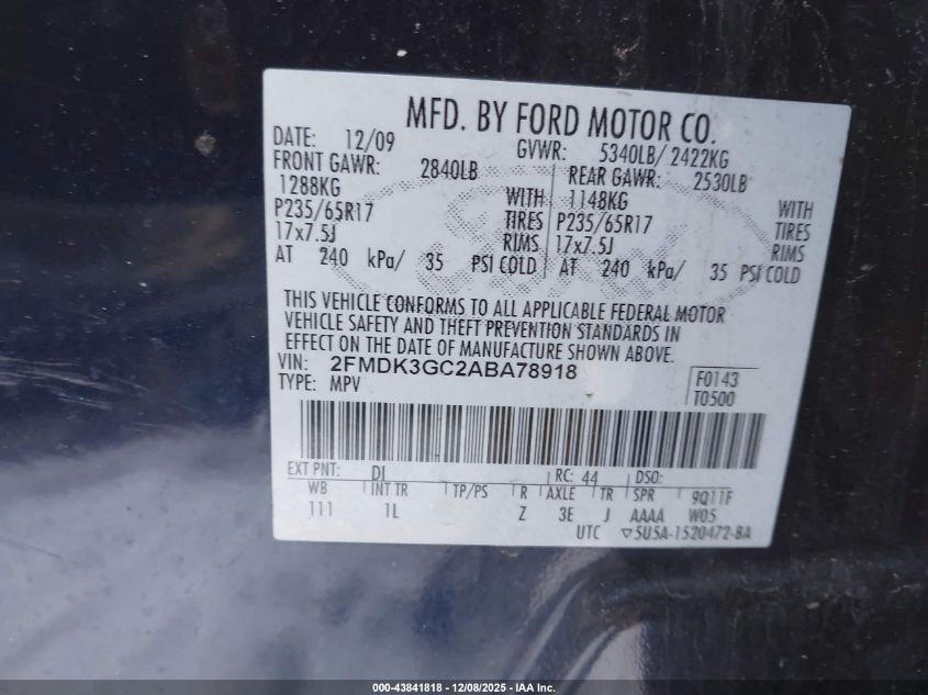 2010 Ford Edge Se VIN: 2FMDK3GC2ABA78918 Lot: 43841818