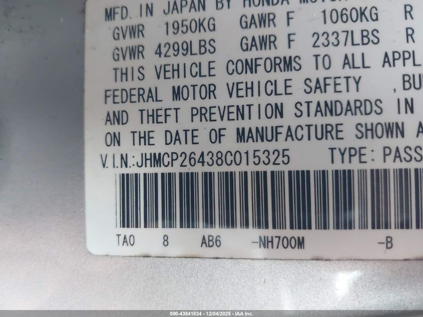 2008 Honda Accord 2.4 Lx-P VIN: JHMCP26438C015325 Lot: 43841834
