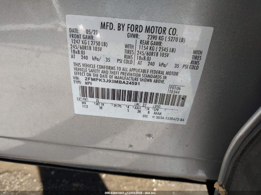 2021 Ford Edge Sel VIN: 2FMPK3J93MBA24591 Lot: 43841841