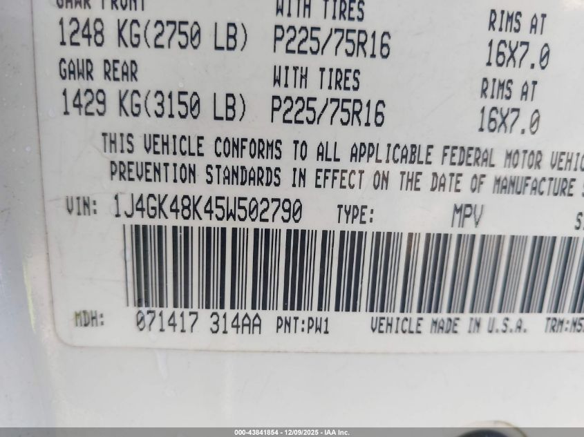 2005 Jeep Liberty Sport VIN: 1J4GK48K45W502790 Lot: 43841854