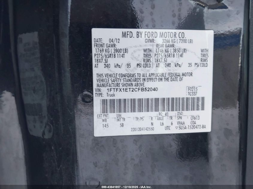 2012 Ford F-150 Fx4 VIN: 1FTFX1ET2CFB52040 Lot: 43841857