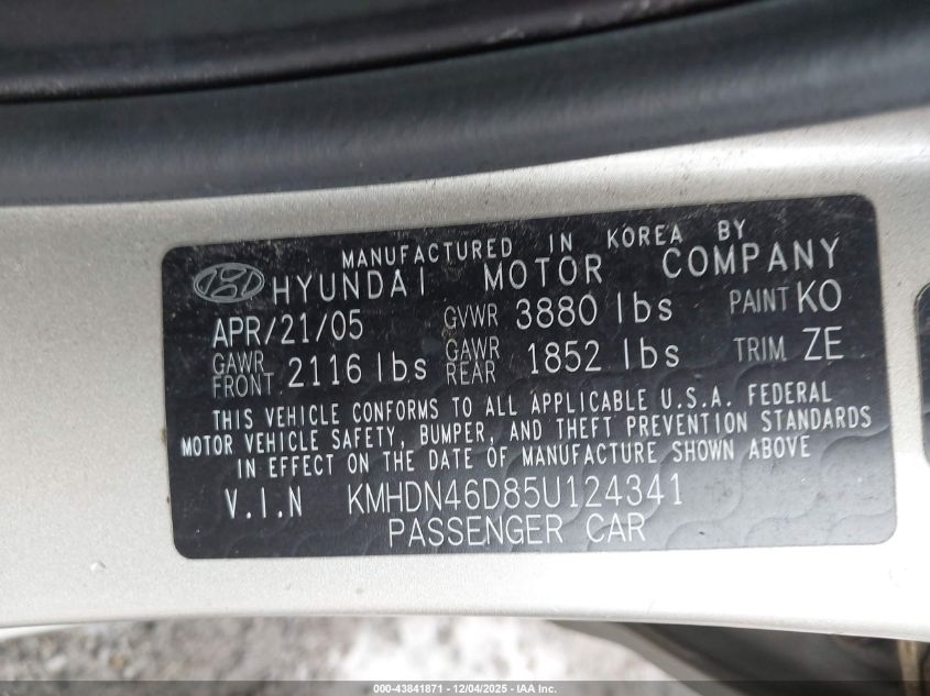 2005 Hyundai Elantra Gls/Gt VIN: KMHDN46D85U124341 Lot: 43841871