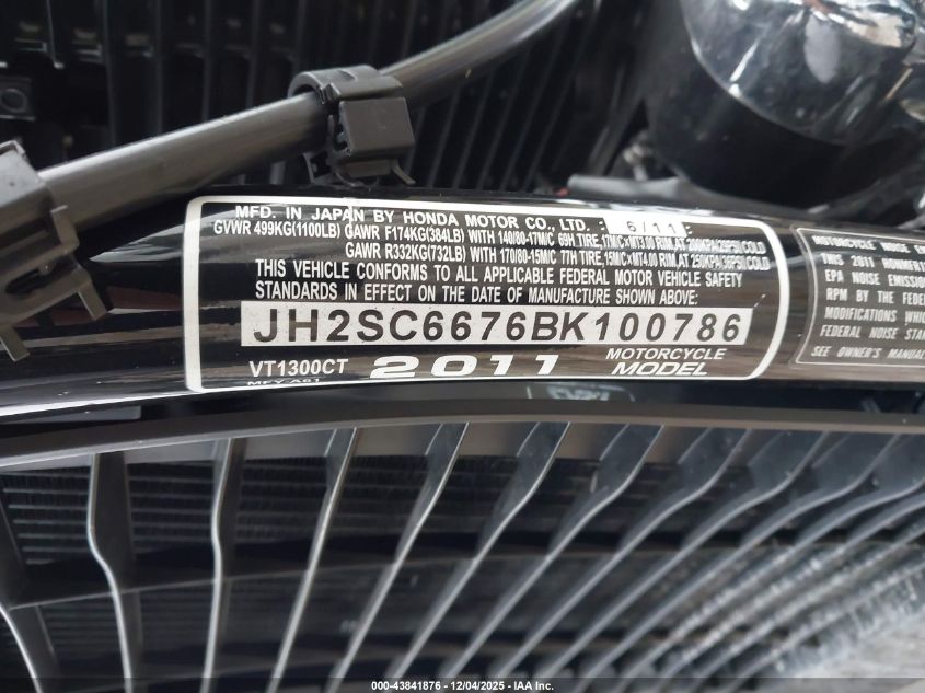 2011 Honda Vt1300 Ct VIN: JH2SC6676BK100786 Lot: 43841876