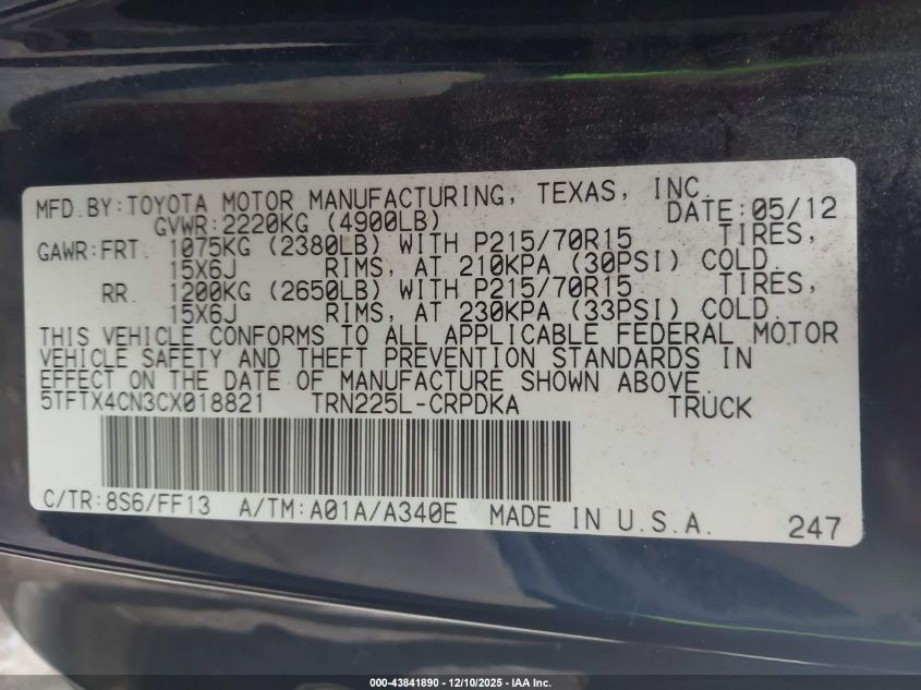 2012 Toyota Tacoma VIN: 5TFTX4CN3CX018821 Lot: 43841890