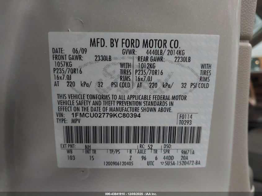 2009 Ford Escape Xls VIN: 1FMCU02779KC80394 Lot: 43841910