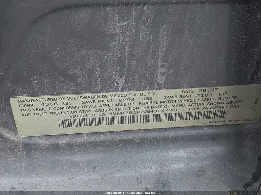2008 Volkswagen Jetta Se/Sel VIN: 3VWRZ81K68M024448 Lot: 43841914