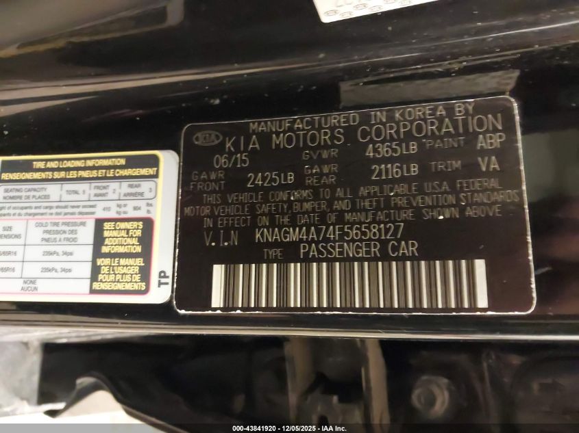 2015 Kia Optima Lx VIN: KNAGM4A74F5658127 Lot: 43841920