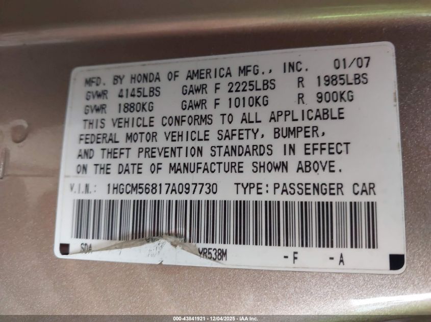 2007 Honda Accord 2.4 Ex VIN: 1HGCM56817A097730 Lot: 43841921