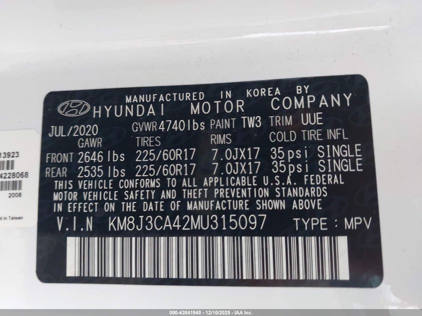 2021 Hyundai Tucson Value VIN: KM8J3CA42MU315097 Lot: 43841940