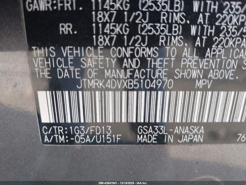 2011 Toyota Rav4 Sport V6 VIN: JTMRK4DVXB5104970 Lot: 43841941