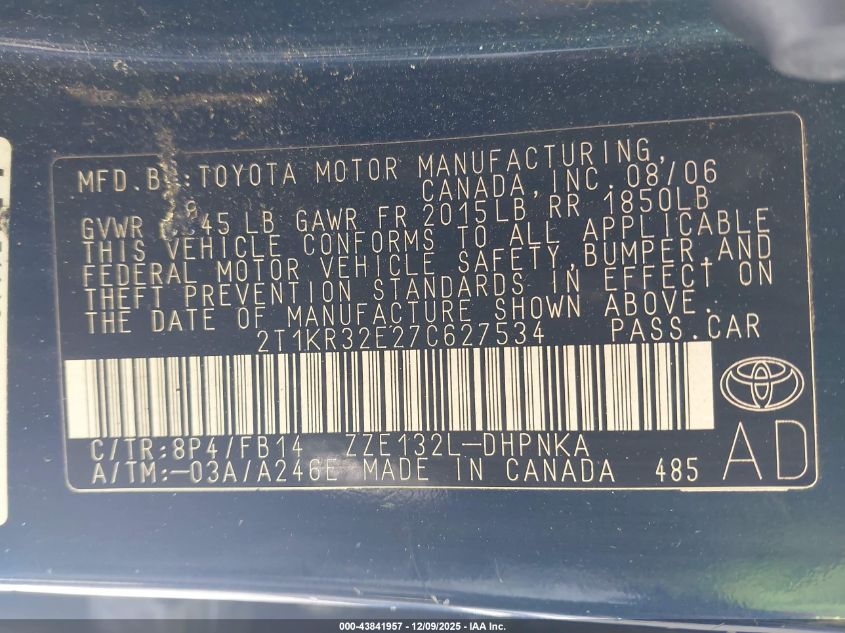 2007 Toyota Matrix Xr VIN: 2T1KR32E27C627534 Lot: 43841957