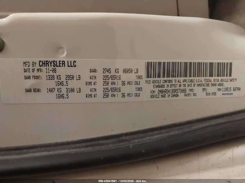 2009 Chrysler Town & Country Touring VIN: 2A8HR54189R573068 Lot: 43841961