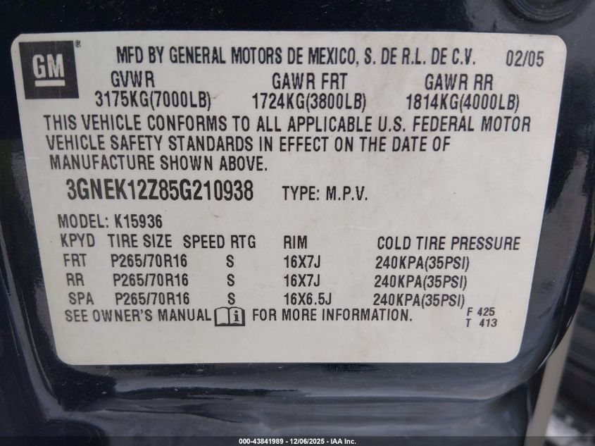 2005 Chevrolet Avalanche 1500 Lt VIN: 3GNEK12Z85G210938 Lot: 43841989