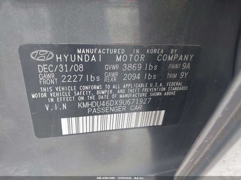2009 Hyundai Elantra Gls VIN: KMHDU46DX9U671927 Lot: 43841998
